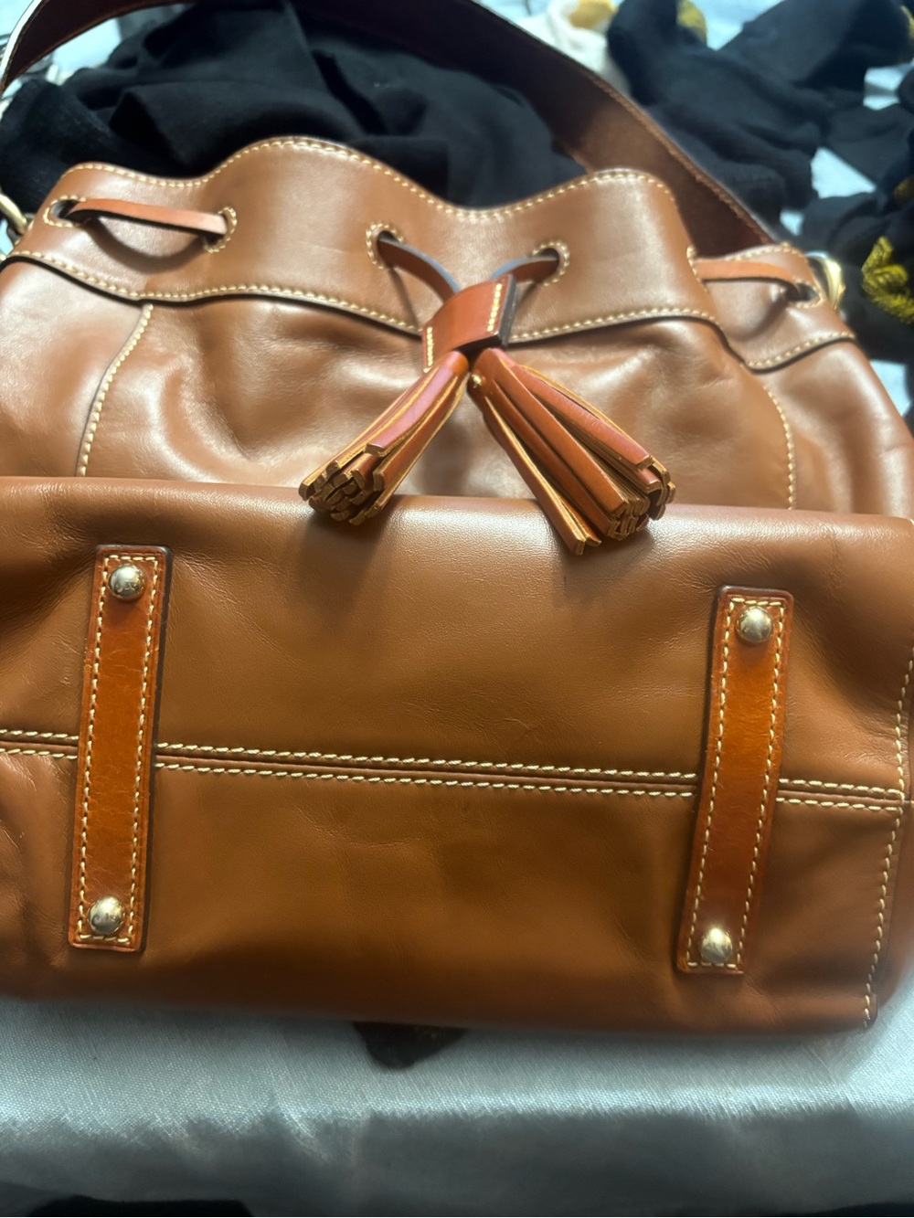 Dooney & Bourke Cognac Leather Drawstring Tassel Bucket Bag free shipping